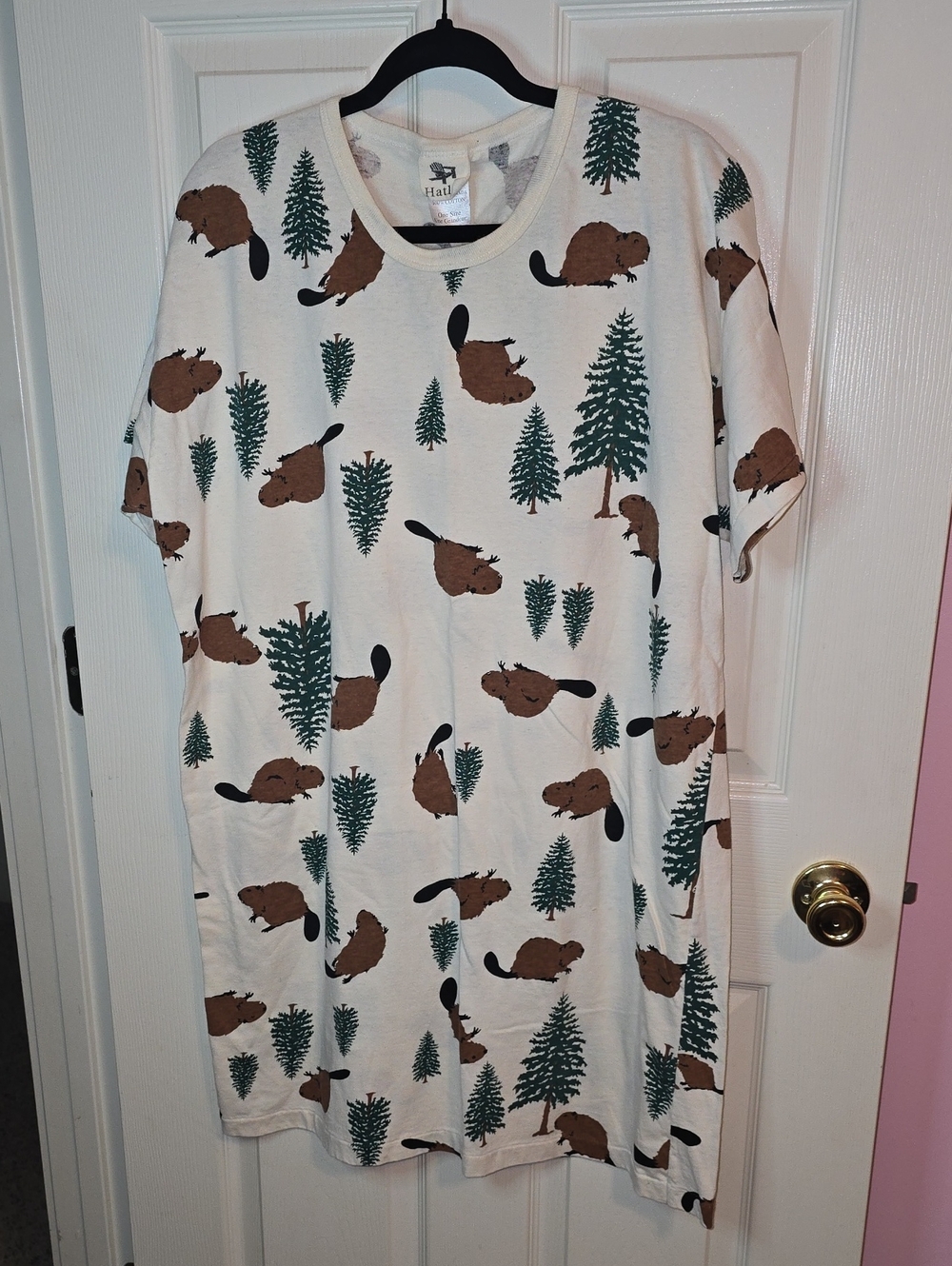Hatley Cream Nightshirt with Brown Beaver & Green Pine Print